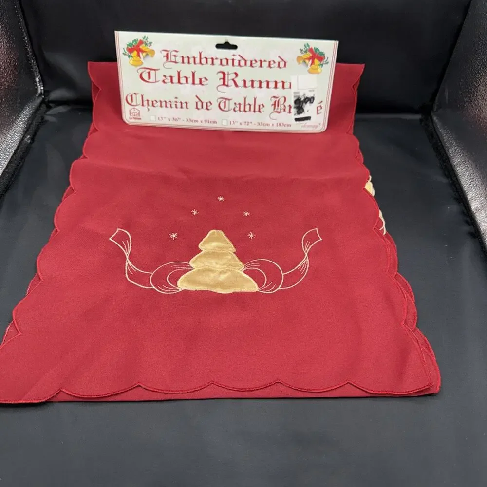 Vintage red Christmas embroidered table runner Christmas Tree